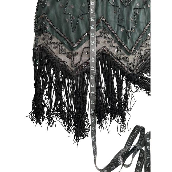 Retro Stage 1920s Fringe Flapper Beaded Sequins Black and Green Midi Dress -XL - Picture 9 of 9